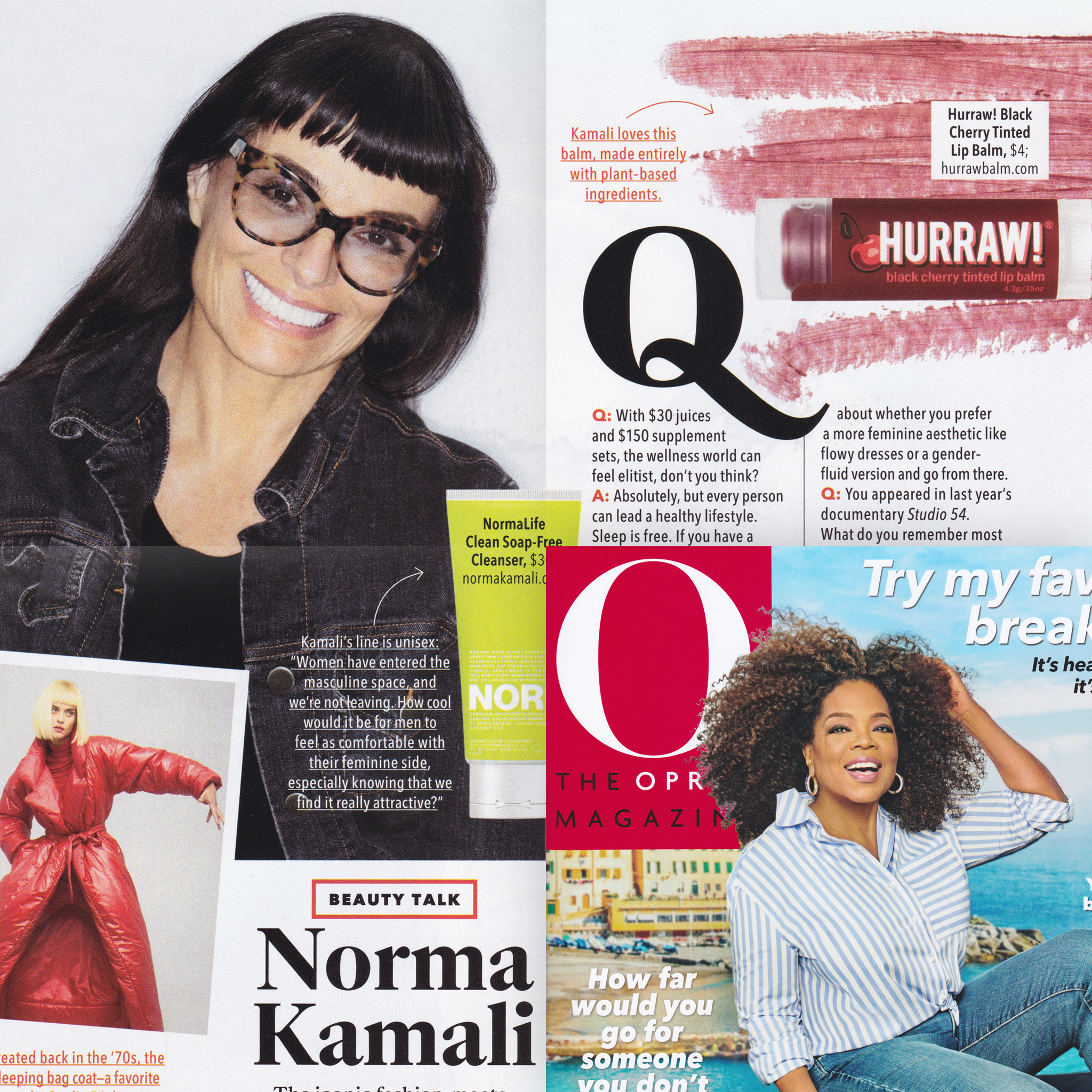 Norma Kamali shout-out to Hurraw! in Beauty Talk segment in Oprah Magazine; plant-based lip tint.