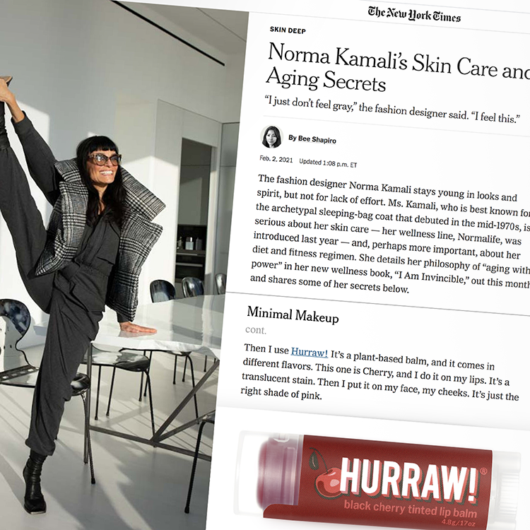 Hurraw! Lip Balms featured in The New York Times with Norma Kamali’s skin care regime.