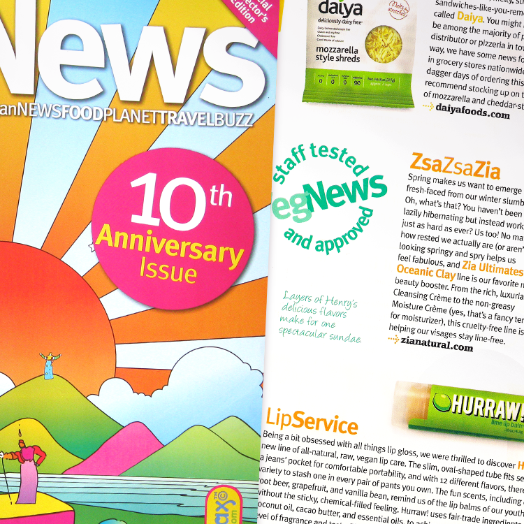 Hurraw! vegan lip balms featured in Veg News Magazine.